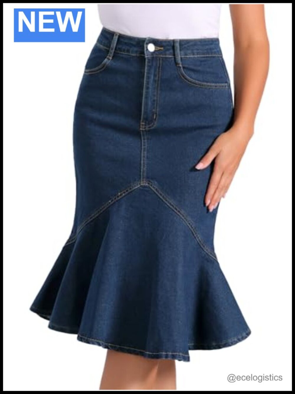 Ruffle Fishtail Denim Skirt High Waisted Stretch Bodycon